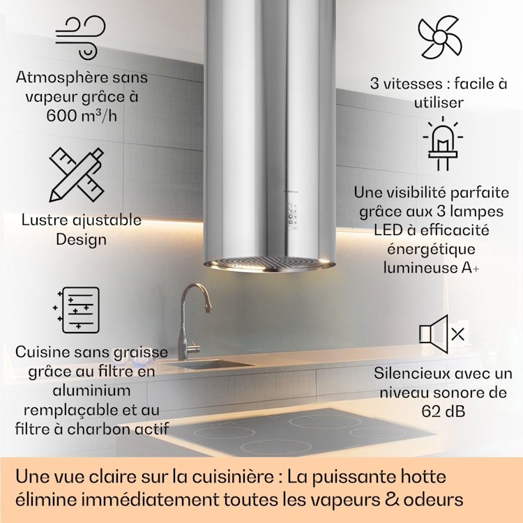 Bolea Hotte aspirante d'îlot Ø38 cm évacuation/circulation d'air 600 m³/h LED avec filtre à charbon actif Acier Inoxydable