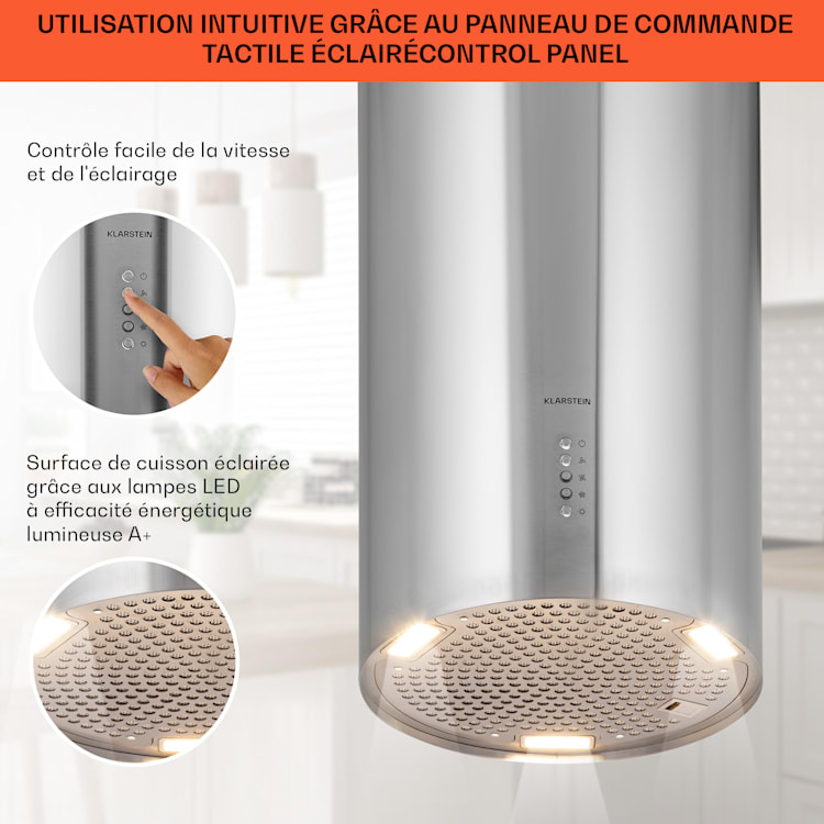 Bolea Hotte aspirante d'îlot Ø38 cm évacuation/circulation d'air 600 m³/h LED avec filtre à charbon actif Acier Inoxydable