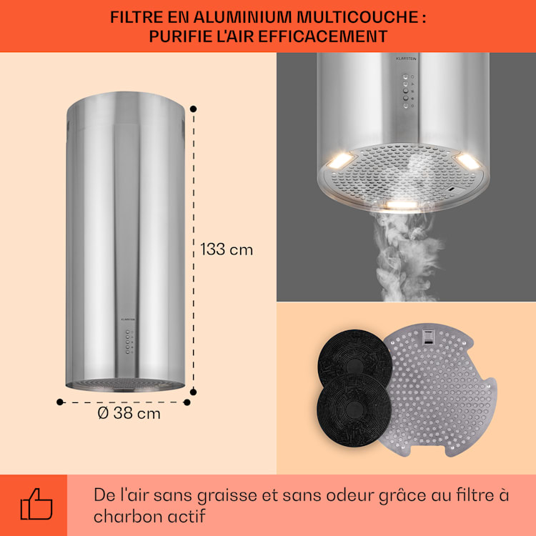 Bolea Hotte aspirante d'îlot Ø38 cm évacuation/circulation d'air 600 m³/h LED avec filtre à charbon actif Acier Inoxydable