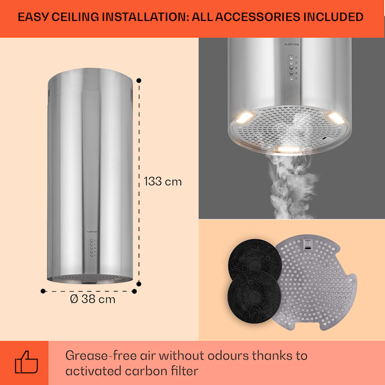 Exaustor Bolea Ø38cm Extração/recirculação de ar 600m³/h LED inclui filtros de carvão ativado Aço Inoxidável