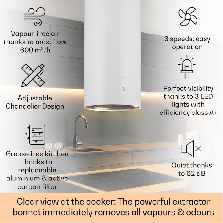 Exaustor Bolea Ø38cm Extração/recirculação de ar 600m³/h LED inclui filtros de carvão ativado Branco