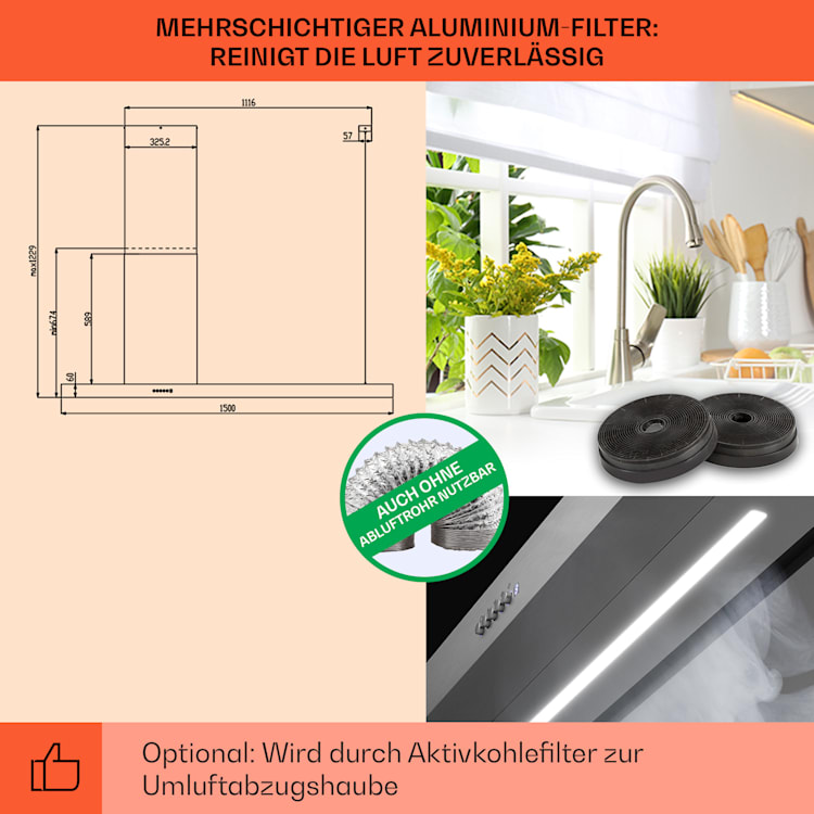 Limelight Dunstabzugshaube 150cm Wandhaube 625m³/h Touch 150 cm | Edelstahl