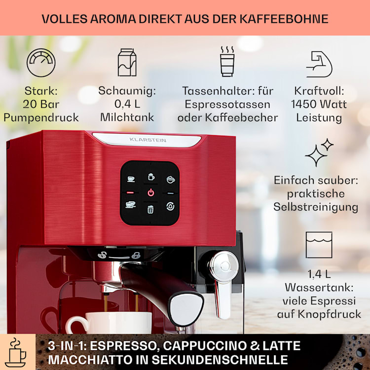 BellaVita Kaffeemaschine 3-in-1 1450 W 20 Bar Milchschäumer Rot