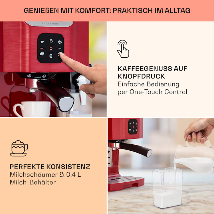 BellaVita Kaffeemaschine 3-in-1 1450 W 20 Bar Milchschäumer Rot