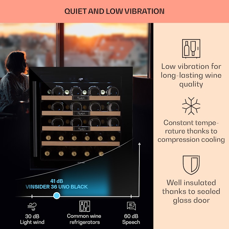 Refrigerador de vinhos de encastrar Vinsider 36 Built-In Uno 36 Garrafas 92 Litros Aço inoxidável 36 garrafas | 1 compartimento de refrigeração | Preto