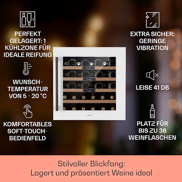 Vinsider 36 Built-In Uno Einbau-Weinkühlschrank 36 Flaschen 92 Ltr Edelstahl 36 Flaschen | 1 Kühlzone | Weiß