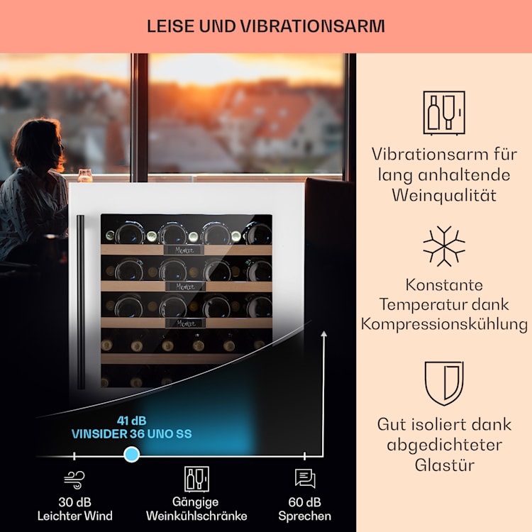 Vinsider 36 Built-In Uno Einbau-Weinkühlschrank 36 Flaschen 92 Ltr Edelstahl 36 Flaschen | 1 Kühlzone | Weiß