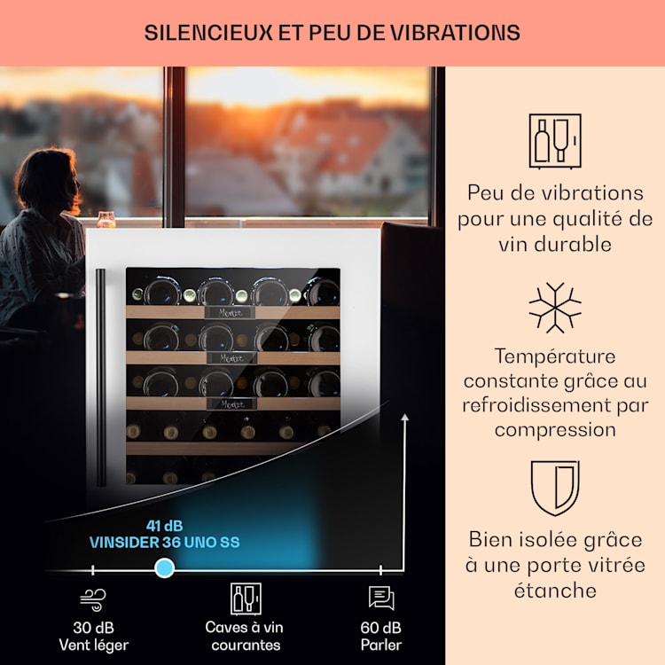 Vinsider 36 Built-In Uno Cave à vin encastrable 36 bouteilles 92 litres en acier inoxydable 36 bouteilles / 1 zone froide | Quartz