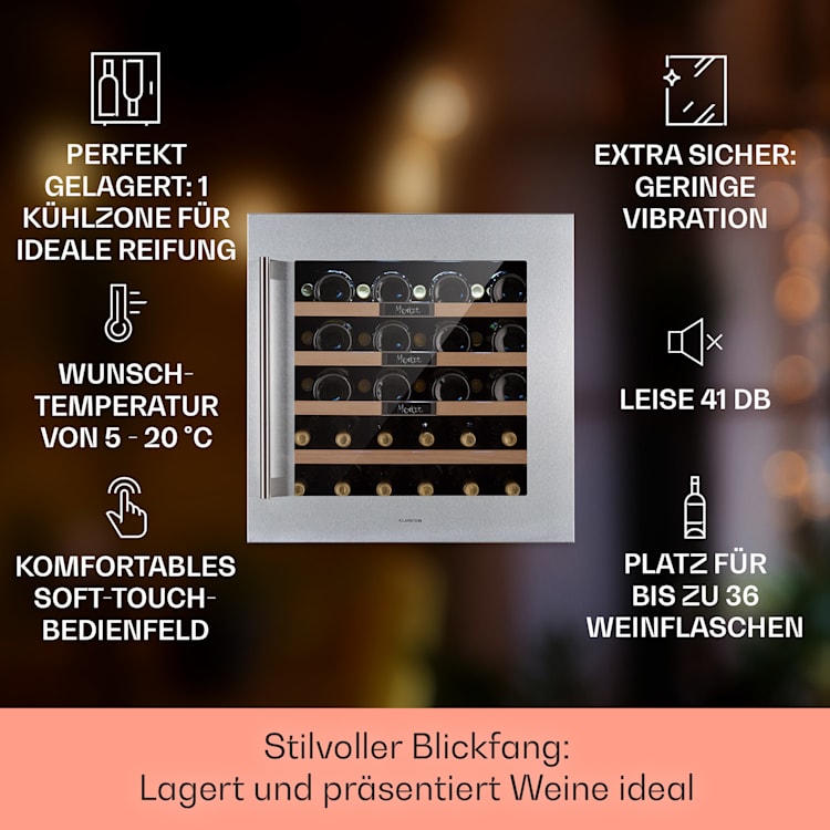 Vinsider 36 Built-In Uno Einbau-Weinkühlschrank 36 Flaschen 92 Ltr Edelstahl 36 Flaschen | 1 Kühlzone | Edelstahl