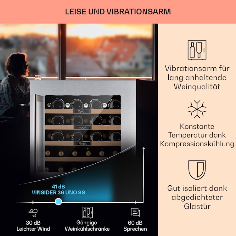 Vinsider 36 Built-In Uno Einbau-Weinkühlschrank 36 Flaschen 92 Ltr Edelstahl 36 Flaschen | 1 Kühlzone | Edelstahl