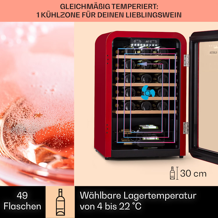 Vinetage 49 Uno Weinlagerschrank 110 Ltr / 49 Fl. 4-22°C Retro 49 Flaschen | 1 Kühlzone | Rot