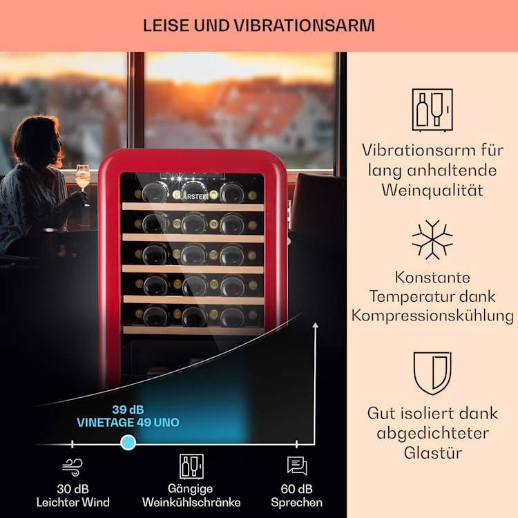 Vinetage 49 Uno Weinlagerschrank 110 Ltr / 49 Fl. 4-22°C Retro 49 Flaschen | 1 Kühlzone | Rot