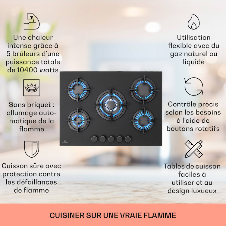 Plaque De Cuisson à Gaz 5 Feux - Autonome - Compatible GPL Et Gaz Naturel - Acier Inoxydable - Allumage électronique - 86 X 51 Cm