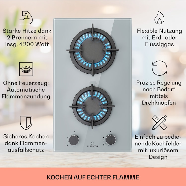 Firetale Gaskochfeld 2-flammig Aluminium-Brenner Erdgas/Propangas inkl. Schlauch und Druckminderer 2 Brenner | Grau