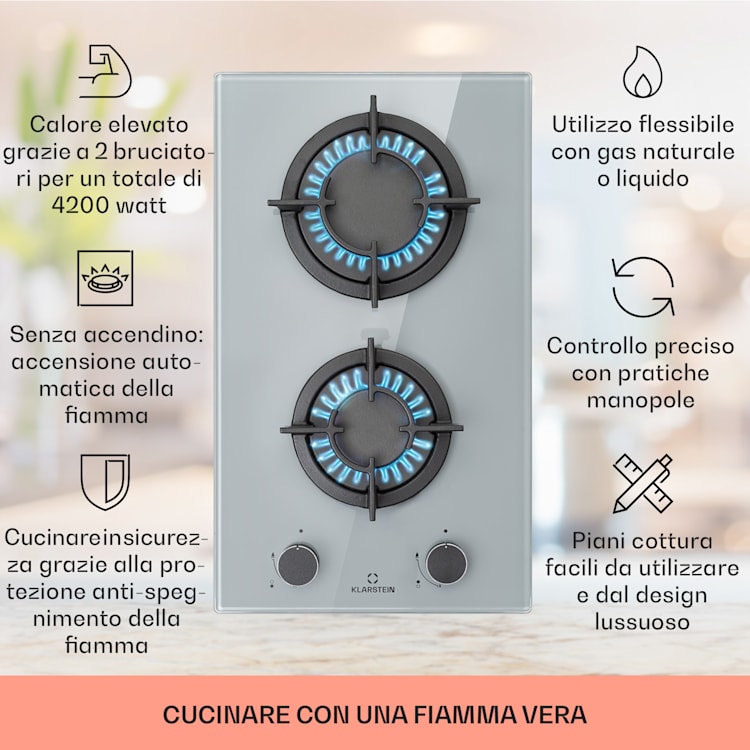 Firetale - Piano cottura a gas, 2 fuochi, bruciatori in alluminio, metano/propano, incl. tubo e riduttore di pressione 2 bruciatori | Grigio