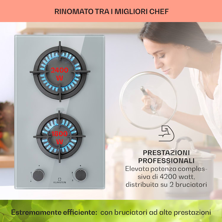 Firetale - Piano cottura a gas, 2 fuochi, bruciatori in alluminio, metano/propano, incl. tubo e riduttore di pressione 2 bruciatori | Grigio