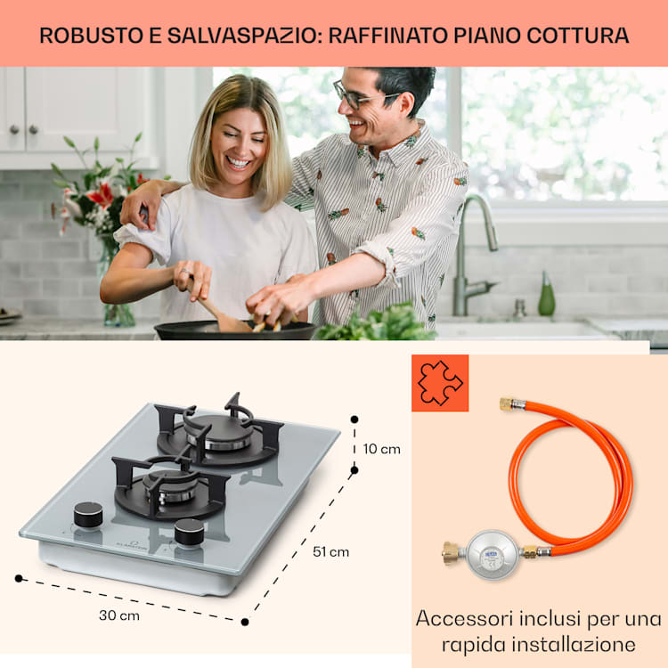 Firetale - Piano cottura a gas, 2 fuochi, bruciatori in alluminio, metano/propano, incl. tubo e riduttore di pressione 2 bruciatori | Grigio