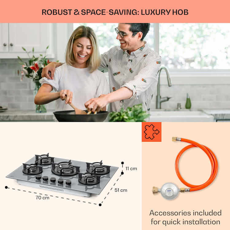 Firetale gaskookplaat 5-pits 70 cm aluminium brander incl. slang en drukregelaar 5 branders | Mid Gray