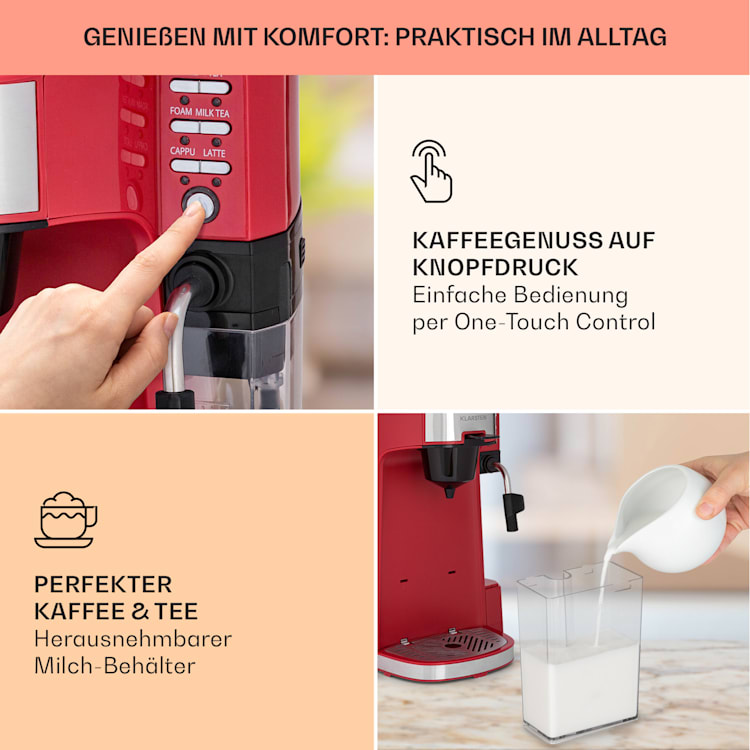 Baristomat 2-in-1-Heißgetränkeautomat Kaffee Tee Milchschaum Rot