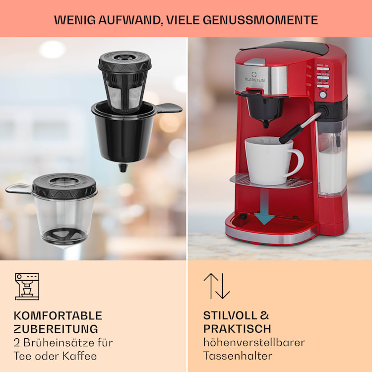 Baristomat 2-in-1-Heißgetränkeautomat Kaffee Tee Milchschaum Rot