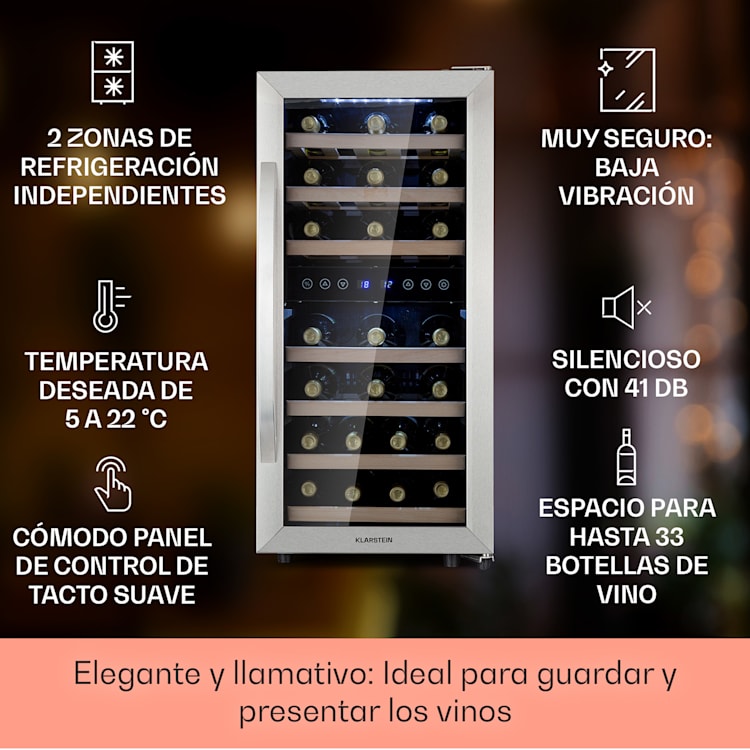 33 botellas | 2 zonas de refrigeración | Acero Inoxidable