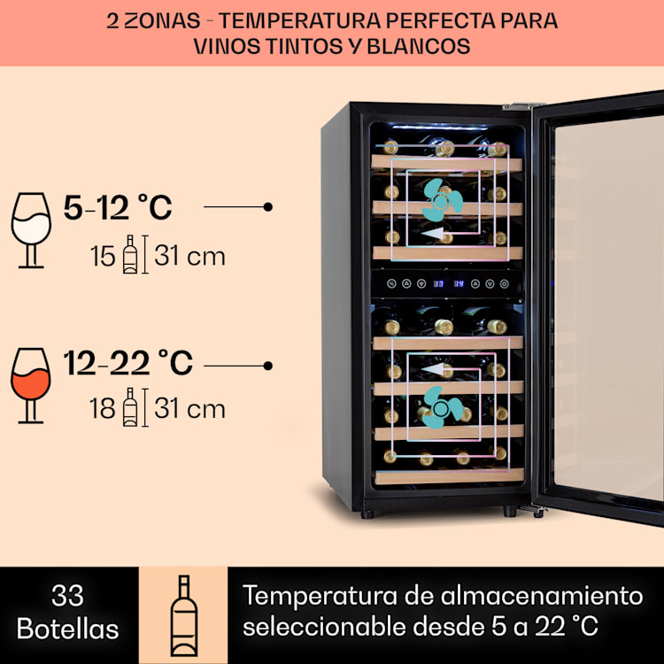 33 botellas | 2 zonas de refrigeración | Acero Inoxidable