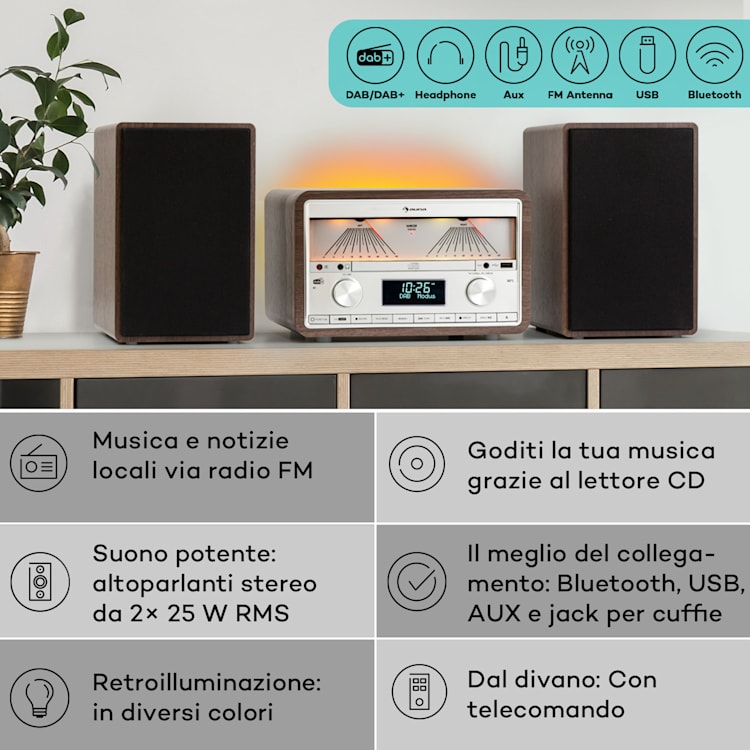 Elton - Impianto stereo, CD, BT, MP3, DAB+, FM, VU-Meter, luce ambiente DAB / FM | Noce
