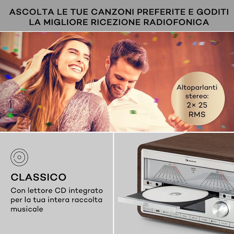 Elton - Impianto stereo, CD, BT, MP3, DAB+, FM, VU-Meter, luce ambiente DAB / FM | Noce