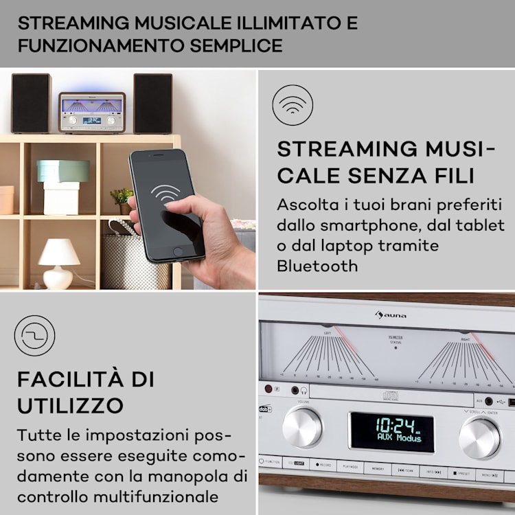 Elton - Impianto stereo, CD, BT, MP3, DAB+, FM, VU-Meter, luce ambiente DAB / FM | Noce