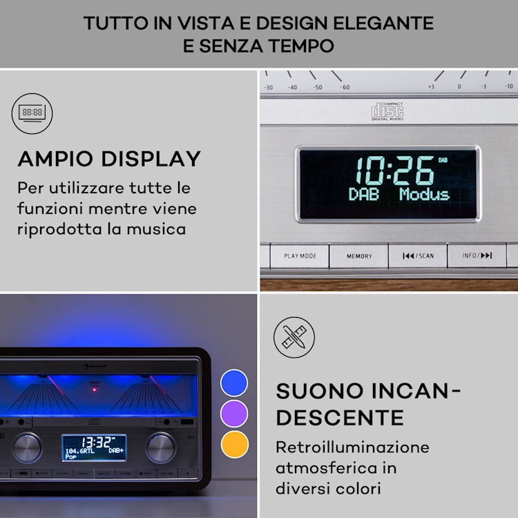 Elton - Impianto stereo, CD, BT, MP3, DAB+, FM, VU-Meter, luce ambiente DAB / FM | Noce