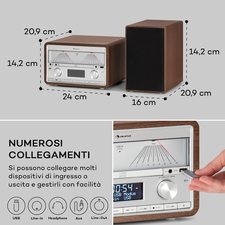 Elton - Impianto stereo, CD, BT, MP3, DAB+, FM, VU-Meter, luce ambiente DAB / FM | Noce