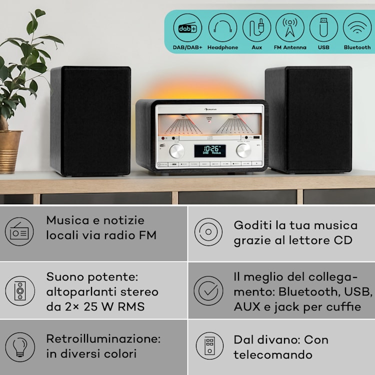 Elton - Impianto stereo, CD, BT, MP3, DAB+, FM, VU-Meter, luce ambiente DAB / FM | Nero