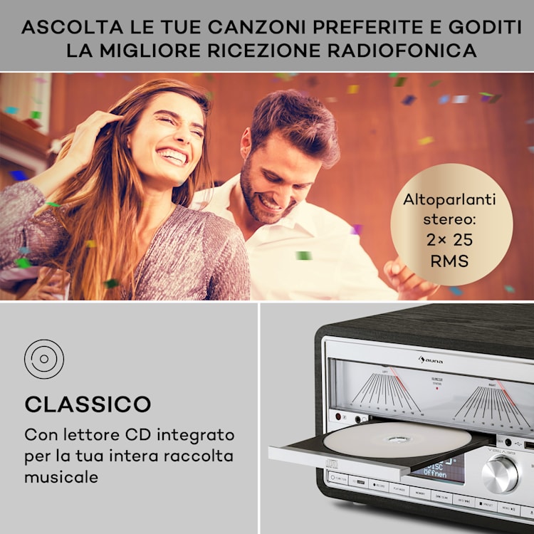 Elton - Impianto stereo, CD, BT, MP3, DAB+, FM, VU-Meter, luce ambiente DAB / FM | Nero