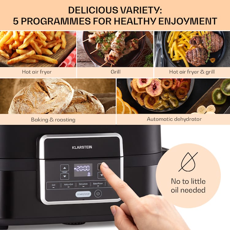 Combo Air, gril-teplovzdušná fritéza, 5 programov, 1500 W, 4,5 l grilovací kôš, 2,5 l fritovací kôš Čierna