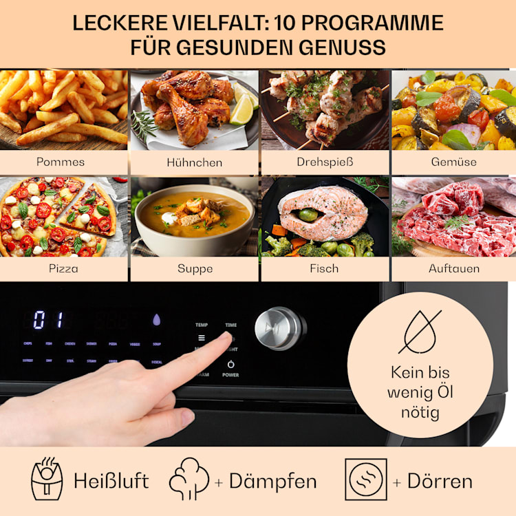 Vita Pro Heißluftfritteuse mit Dampfgaren 2450 W 18 Liter 14 Programme 800 ml Wassertank Schwarz