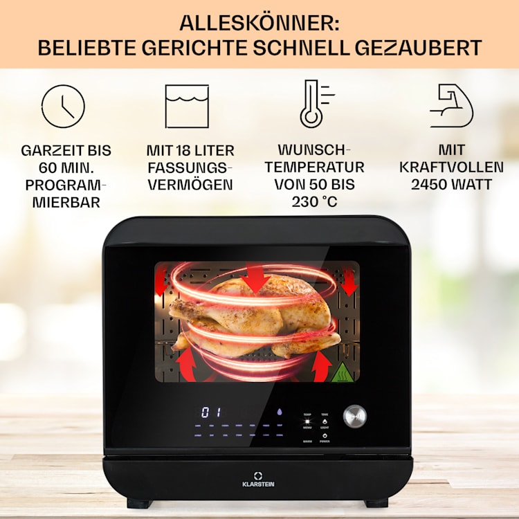 Vita Pro Heißluftfritteuse Dampfgaren 2450 W 18 Ltr 800 ml Wassertank Schwarz