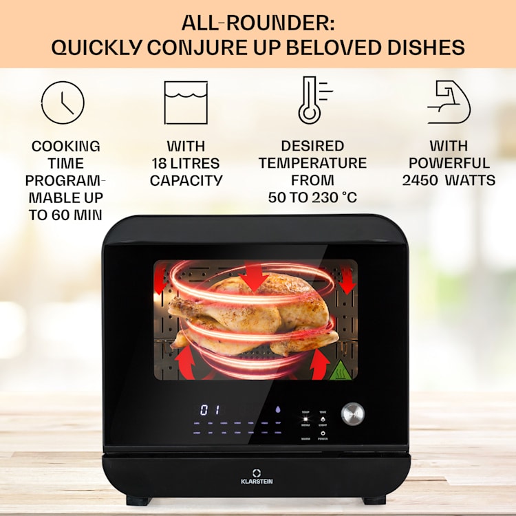 Vita Pro, teplovzdušná fritéza s varením v pare, 2450 W, 18 l, 14 programov, 800 ml nádrž na vodu Čierna