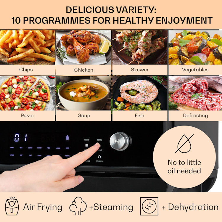 Vita Pro, teplovzdušná fritéza s varením v pare, 2450 W, 18 l, 14 programov, 800 ml nádrž na vodu Čierna