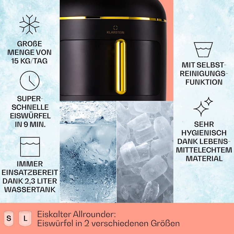 Passau Eiswürfelmaschine 2 Größen 15 kg/24 h Auto-Clean 2,3 ltr | Schwarz