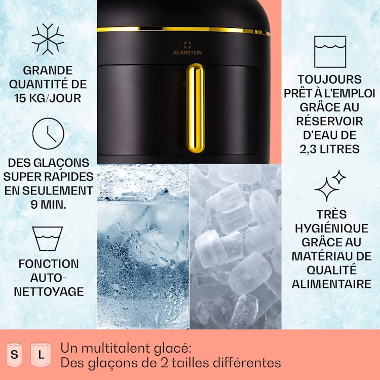 Machine à glaçons Passau 2 tailles 15 kg/24 h Auto-Clean 2,3 ltr | Noir