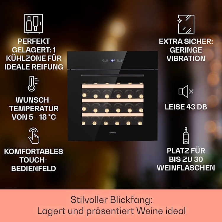 Vinsider 30 Built-In Uno Einbau-Weinkühlschrank 30 Flaschen 77 Ltr Edelstahl 30 Flaschen | 1 Kühlzone | Schwarz