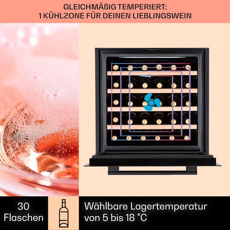 Vinsider 30 Built-In Uno Einbau-Weinkühlschrank 30 Flaschen 77 Ltr Edelstahl 30 Flaschen | 1 Kühlzone | Schwarz
