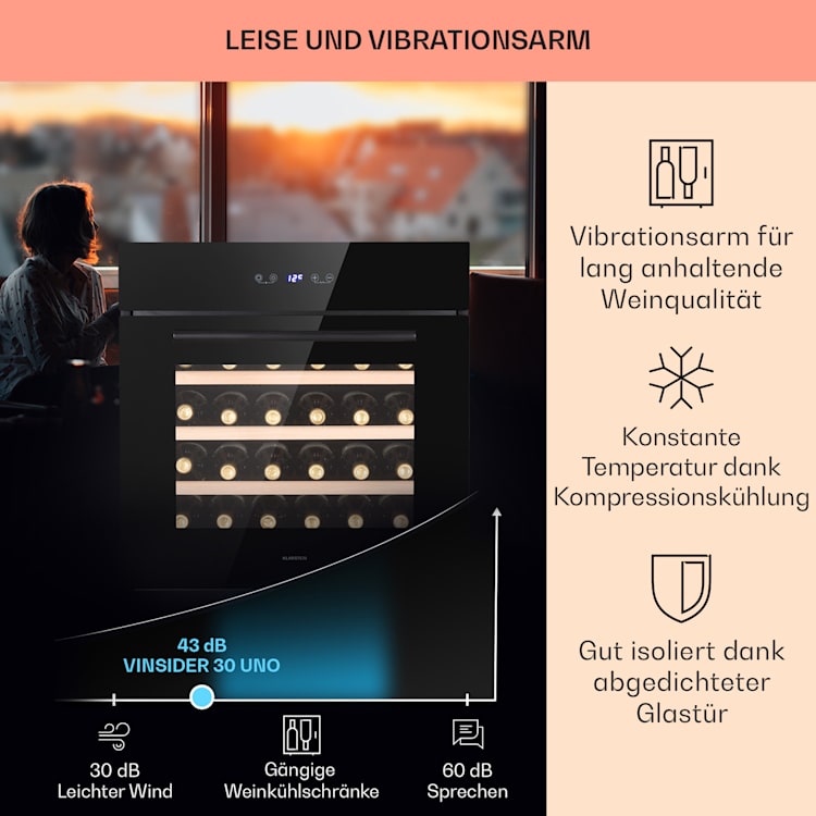Vinsider 30 Built-In Uno Einbau-Weinkühlschrank 30 Flaschen 77 Ltr Edelstahl 30 Flaschen | 1 Kühlzone | Schwarz