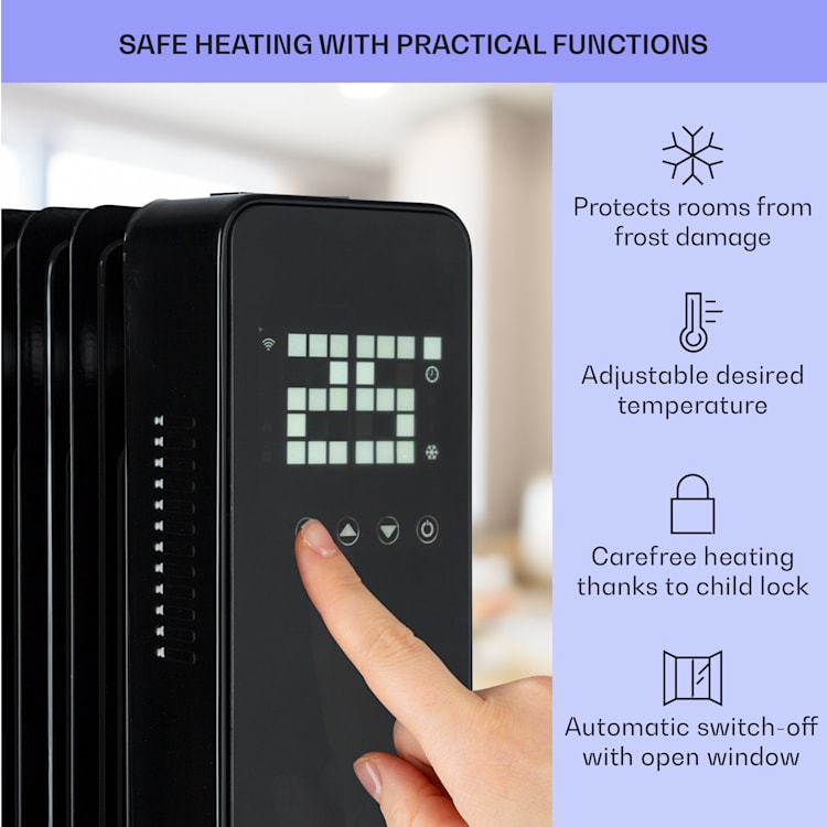 Sanford Smart, radiator cu ulei, putere 2500 W, cronometru săptămânal, afișaj LED, panou tactil, aplicație Klarstein Negru