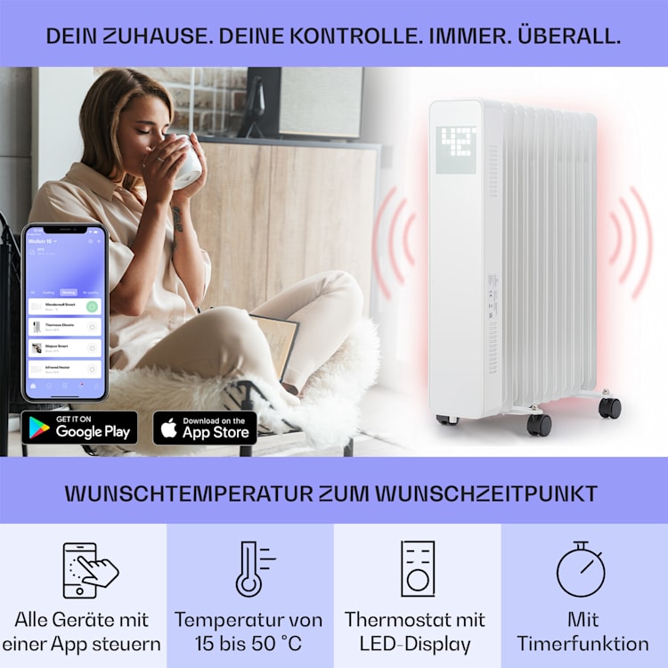 Sanford Smart Ölradiator 2500 W Leistung Wochentimer LED-Display Touch-Panel Klarstein-App Weiß
