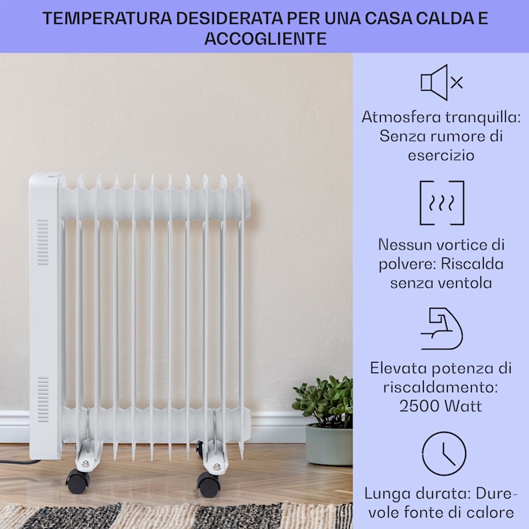 Sanford Smart - Radiatore a olio, 2500 W di potenza, timer settimanale, display LED, pannello touch, app Klarstein Bianco