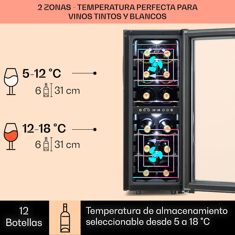 12 botellas | 2 zonas de refrigeración | Negro