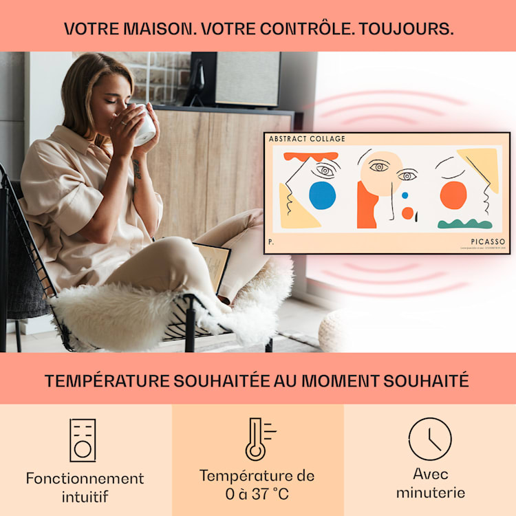 Wonderwall Air Art Smart Radiateur infrarouge 60 x 120 cm 700 W Installation murale Contrôle par application abstrait Abstrait