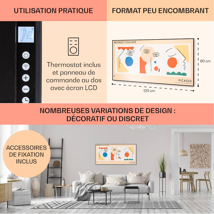 Wonderwall Air Art Smart Radiateur infrarouge 60 x 120 cm 700 W Installation murale Contrôle par application abstrait Abstrait