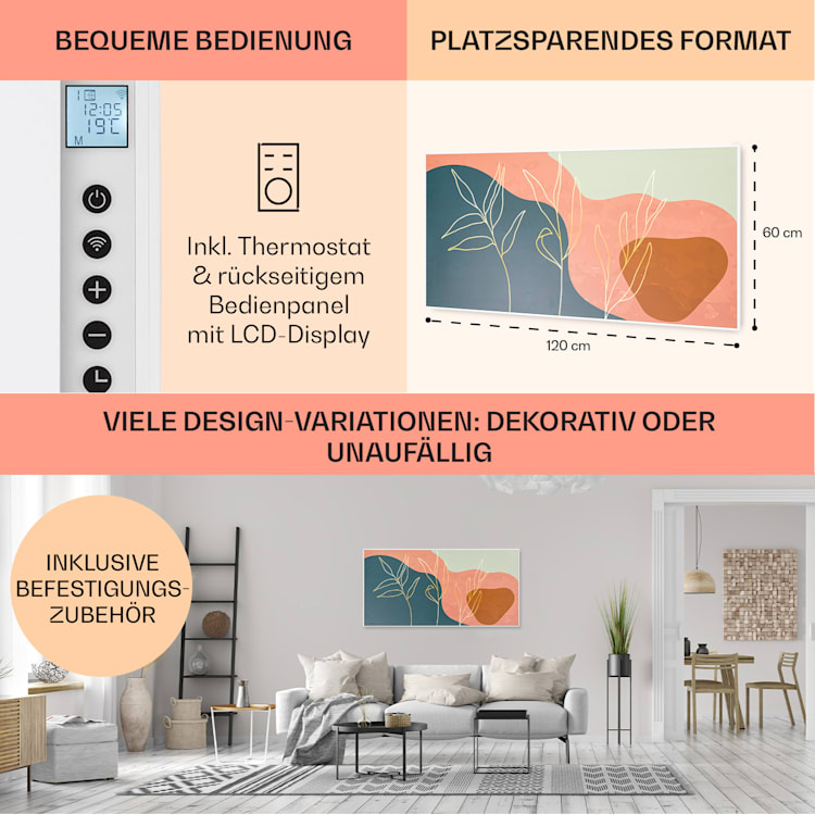 Wonderwall Air Art Smart Infrarotheizung 60x120 cm 700W Wandinstallation App-Steuerung Goldene Linien Goldene Linien